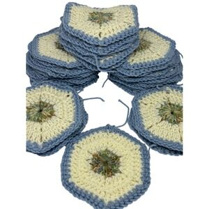 Handmade Crochet Hexagon Granny Squares Lot Blue Cream Excellent Craft Motifs